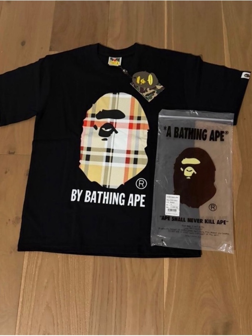 Bape Black Tee with Beige Plaid Ape Head